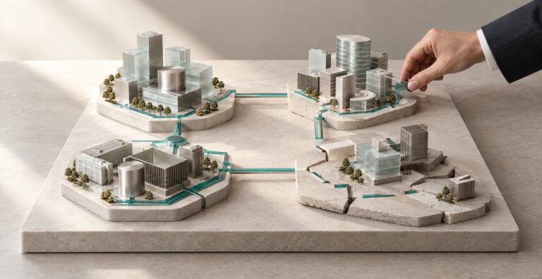 Conceptual enterprise structures with connected pathways and a fractured foundation, illustrating organizational readiness for AI.