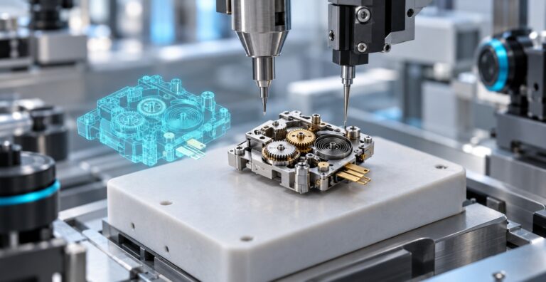 Conceptual illustration of precision instruments assembling a miniature mechanism beside a digital wireframe design.